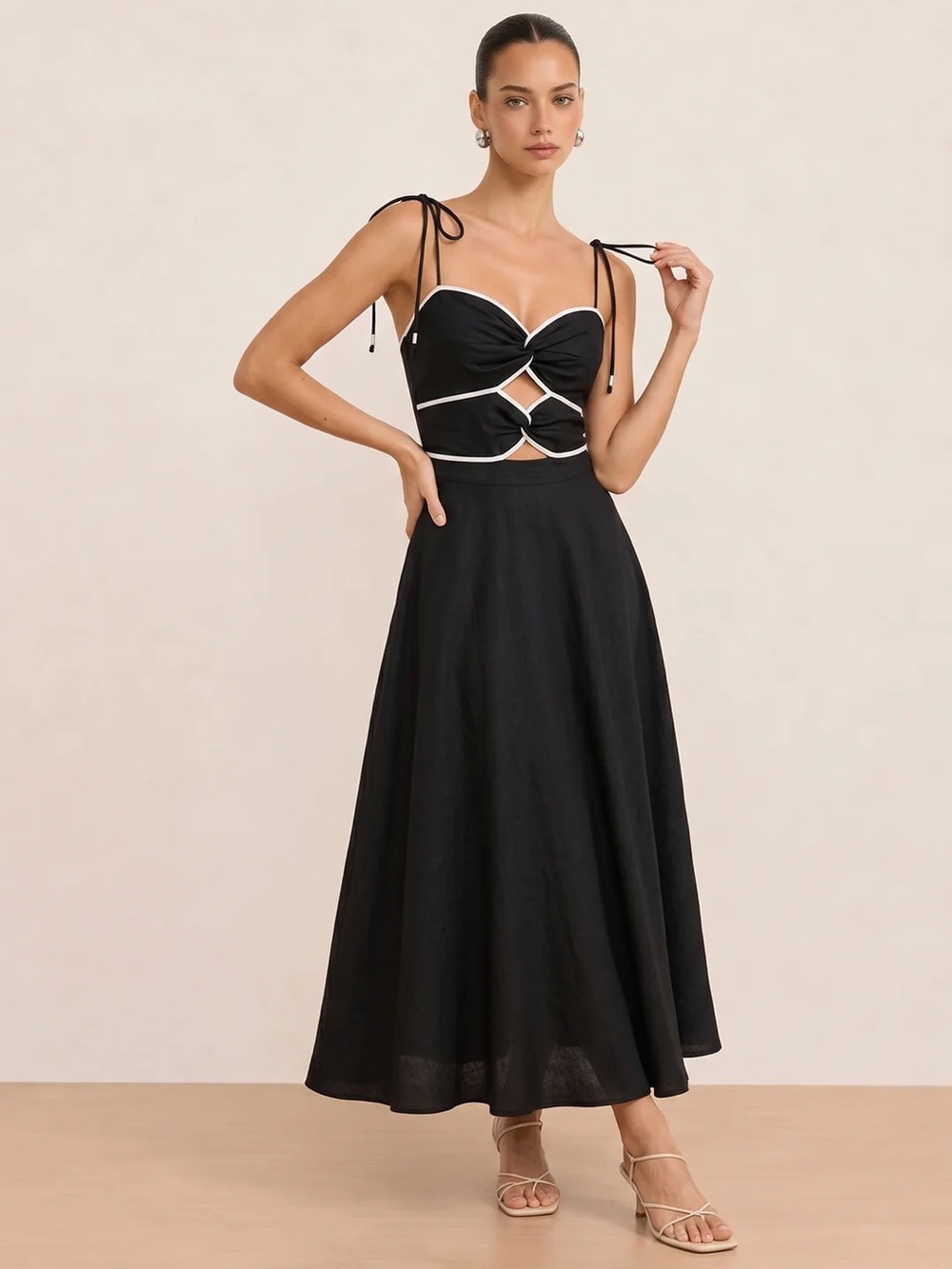 Commense Black Maxi Dress with White Trim Cutout Bodice Size XS NWT